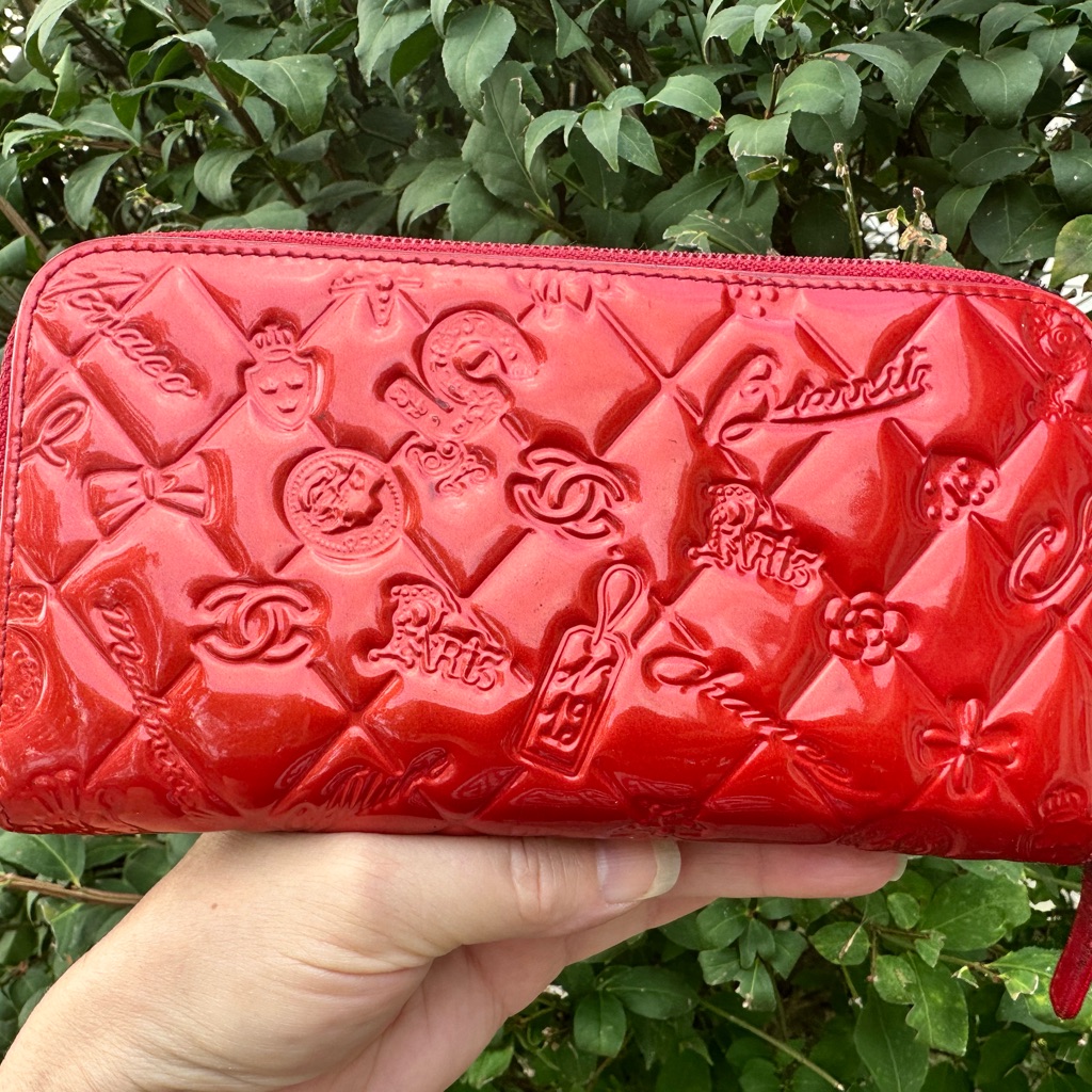 Chanel Red Patent Quilted Lambskin Leather Long Zip Around Biarritz Wallet